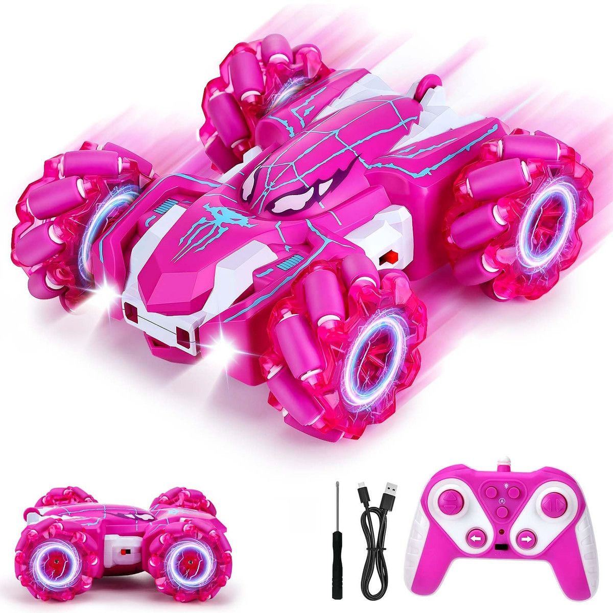 Spider Remote Control Car,2.4Ghz 360 Degrees Rotating Double Sided RC Stunt Cars with Cool Headlights,Rechargeable 4WD Off Road Drift Toys Age3+ (Pink)