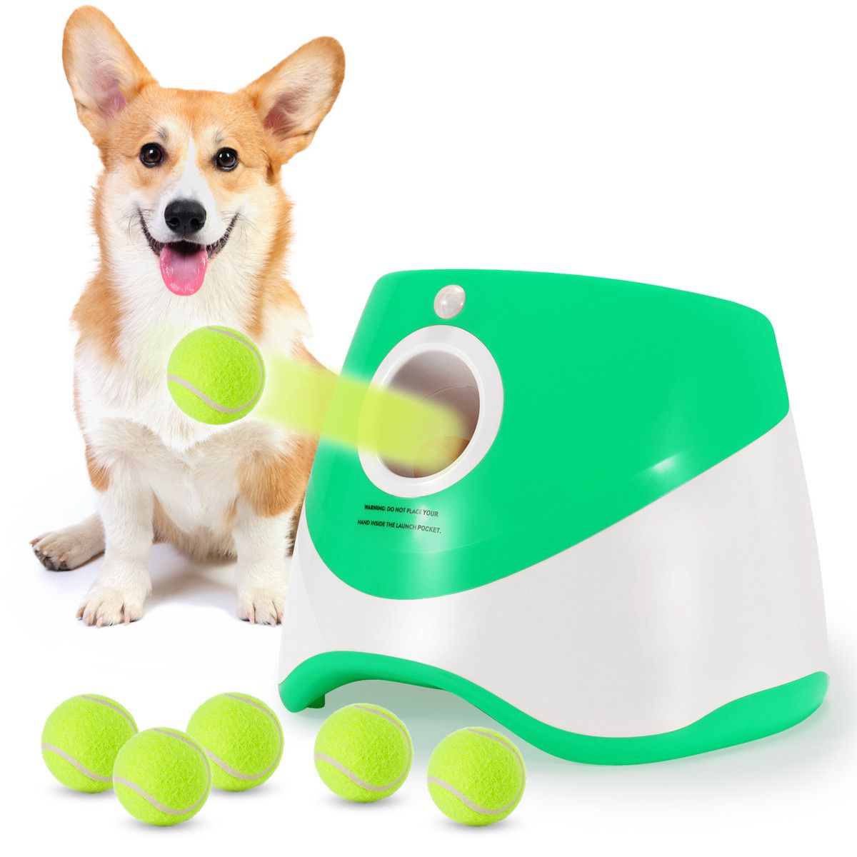 Automatic Ball Launcher for Small and Medium Dogs, Indoor and Outdoor Tennis Ball Thrower, 6PCS Mini Tennis Balls,Green