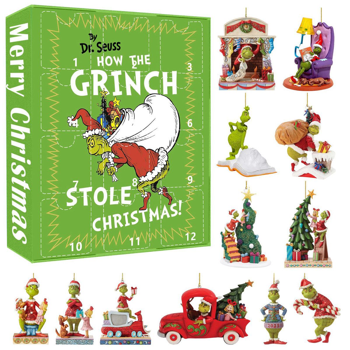 Green Monster Grinch Advent Calendar Set of 12 Cute Cartoon Figures Dolls for Christmas Holiday Stocking Stuffer GJ171-005