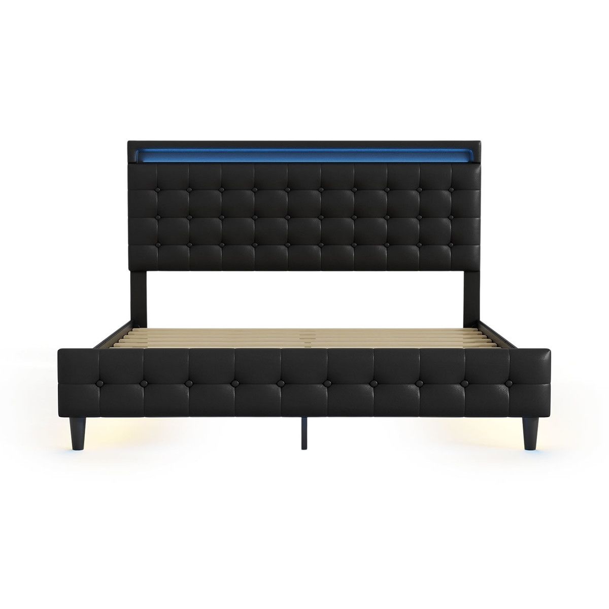 LED Bed Frame Queen Size Wooden Platform with Headboard, Black Upholstered PU Metal