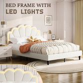 Wooden Led Bed Frame Double Metal Platform Mattress Base Headboard Foundation Bedroom Furniture Sleep Upholstered PU Bedhead White