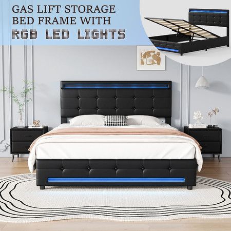 Led Gas Lift Bed Frame Double Wooden Mattress Base Platform Upholstered Headboard Storage Foundation Bedhead Black PU Leather Bedroom Furniture