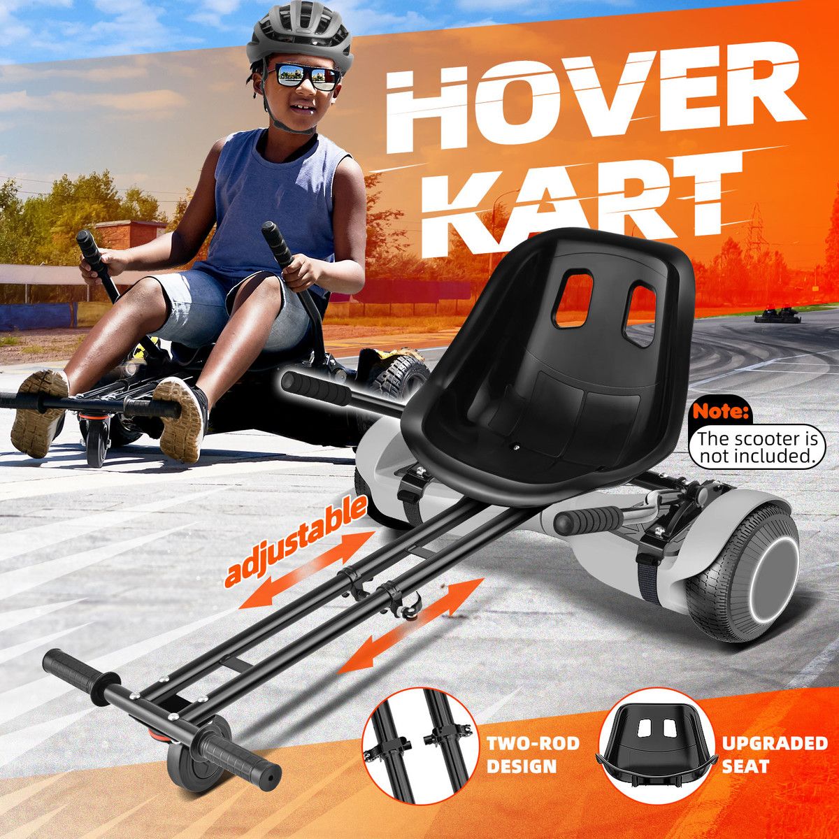 Hover Go Kart Seat Holder Stand Hoverboard Attachment Adjustable Self Balancing Ride On Off Road Sit Down Two Rods Auto Reset for Kids Adults
