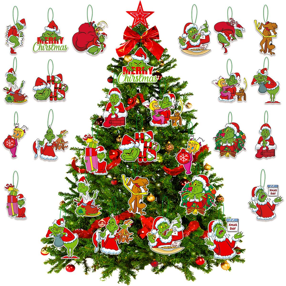 Grinch Christmas Tree Hanging Ornaments Decoration Set of 32 Tree Decorations,Indoor Outdoor Christmas Tree Decor