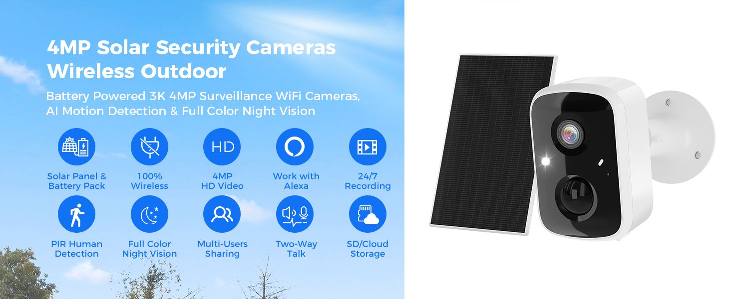 Solar Security Cameras Wireless Outdoor,Battery Powered 3K 4MP