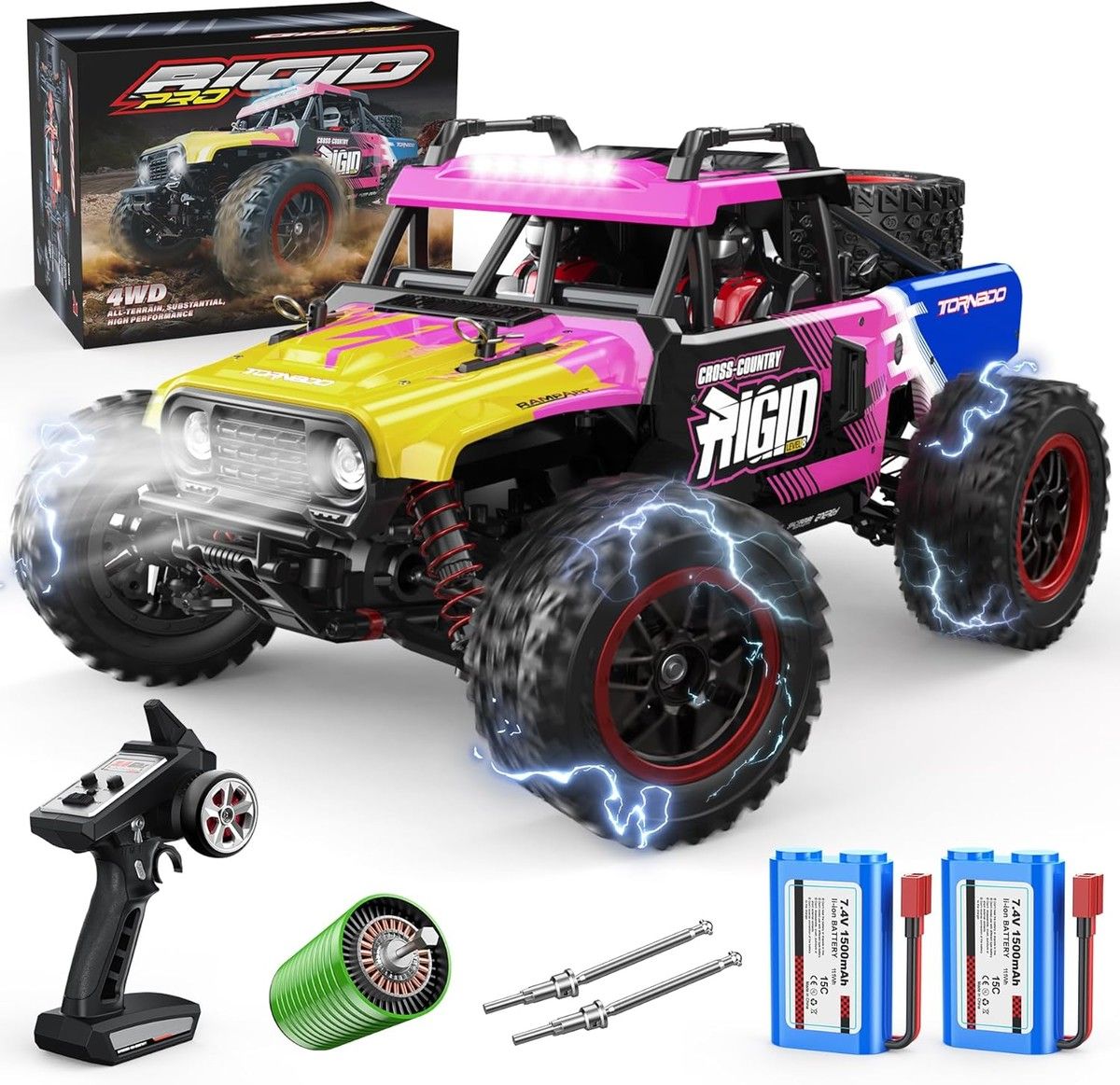 1:14 4WD RC Truck 2.4GHz Remote Control LED HEAD LIGHTS Toy Cars Off Road Vehicle Climbing Racing OffRoad All Terrain Monster TruckDual Batteries
