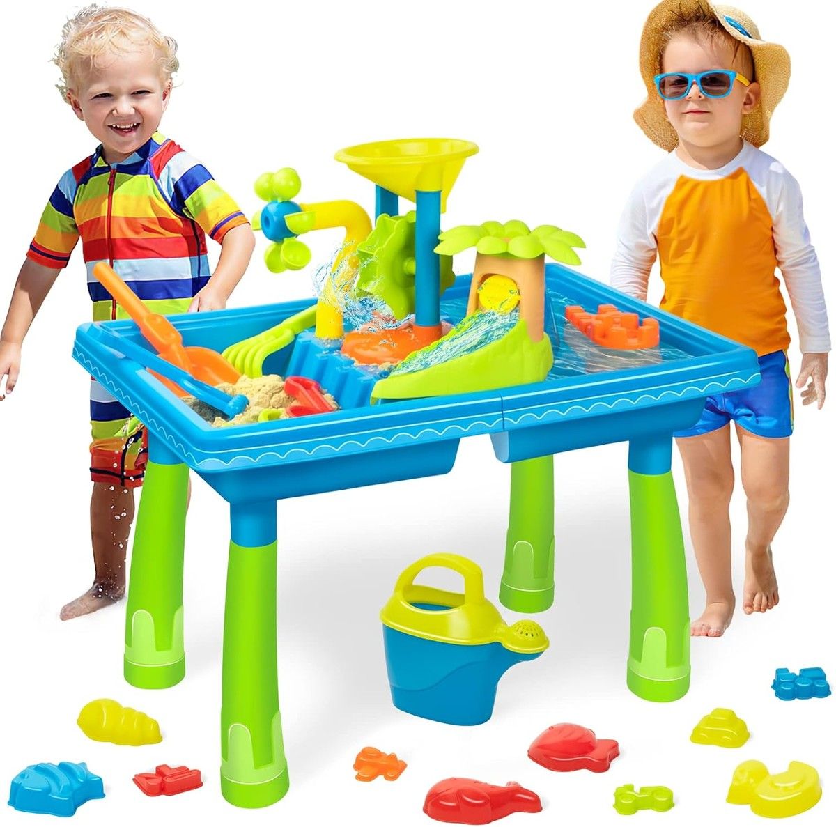 Sand Water Table Kids Beach Summer Sandbox Table Outdoor Activity Dolphin Water Wheel Molds Bucket Shovel Kids Toy Christmas Birthday Gift