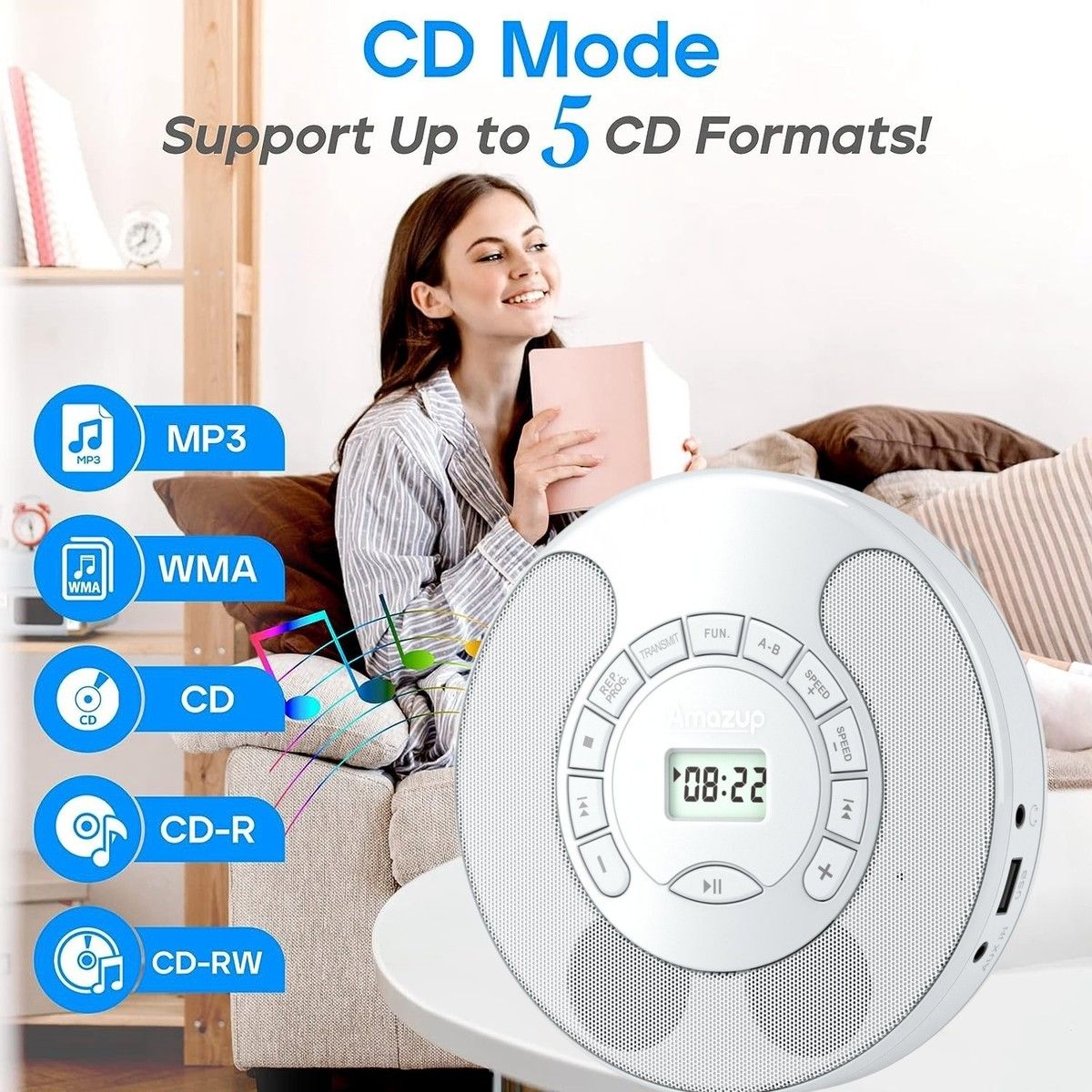 Portable CD Player Rechargeable MP3 Dual Bluetooth Speakers LCD Display Car Home AUX USB White Audio Entertainment