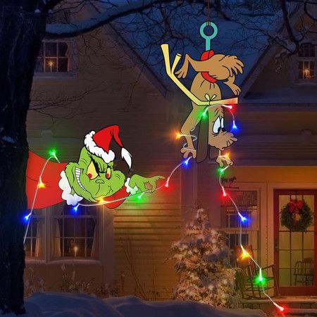 Outdoor Fence Christmas Decorations 3M LED String Lights Battery Operated Green Grinch Yard Signs for Xmas Holiday Garden