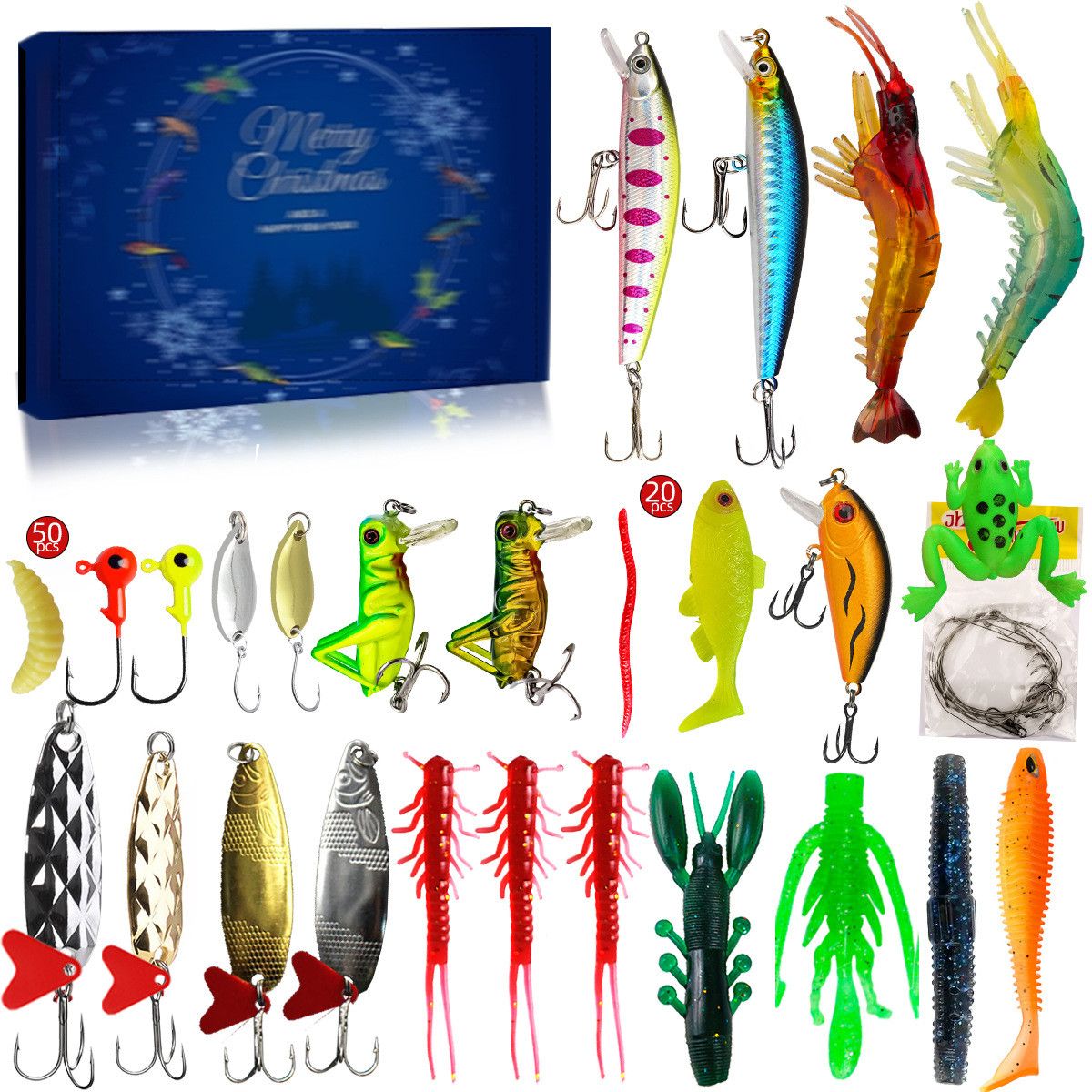 Fishing Advent Calendar 2024, 24 Days of Christmas Countdown Calendar with Fishing Lures Set for Fisher Men Teen Boys, Blue