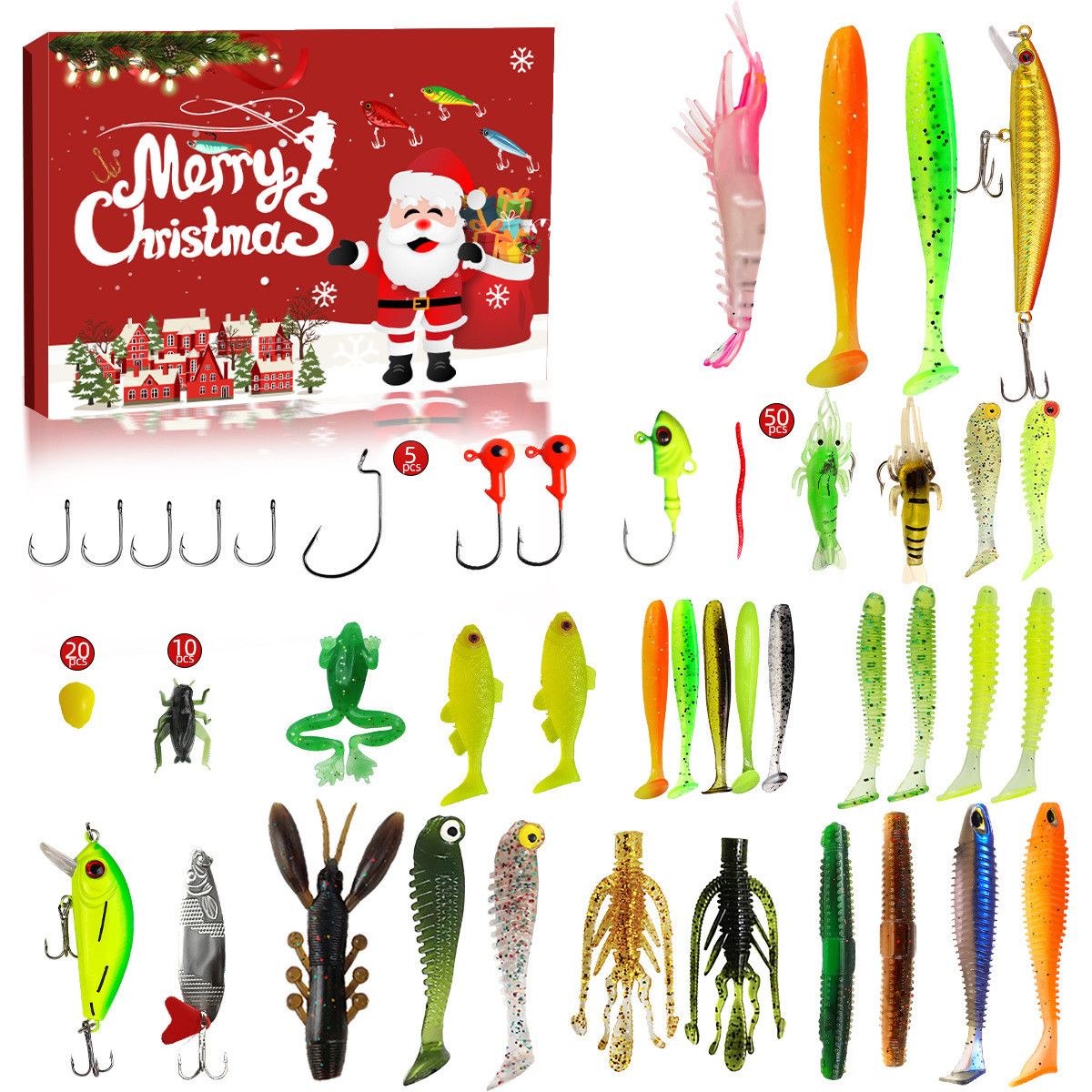Fishing Advent Calendar 2024, 24 Days of Christmas Countdown Calendar with Fishing Lures Set for Fisher Men Teen Boys, Red