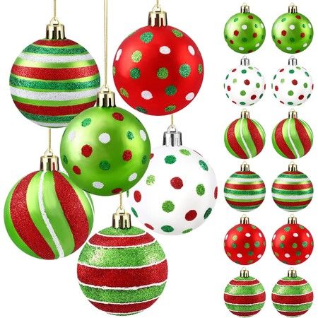 Ornament Christmas Balls 12pcs Glittering 2.4 Inch Hanging Xmas Tree Decor Swirl Candy Cane Elf Red Green Plastic Festive Display