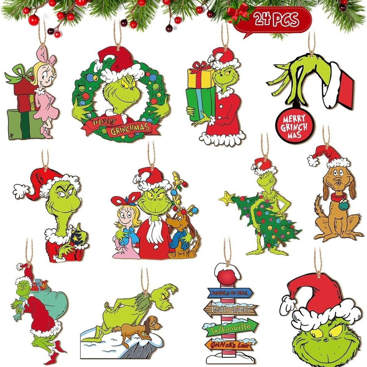 Grinch Christmas Tree Decor Baby Wooden Pendant Fun Green Monster Grinchmas Accessories Hanging Xmas Ornaments