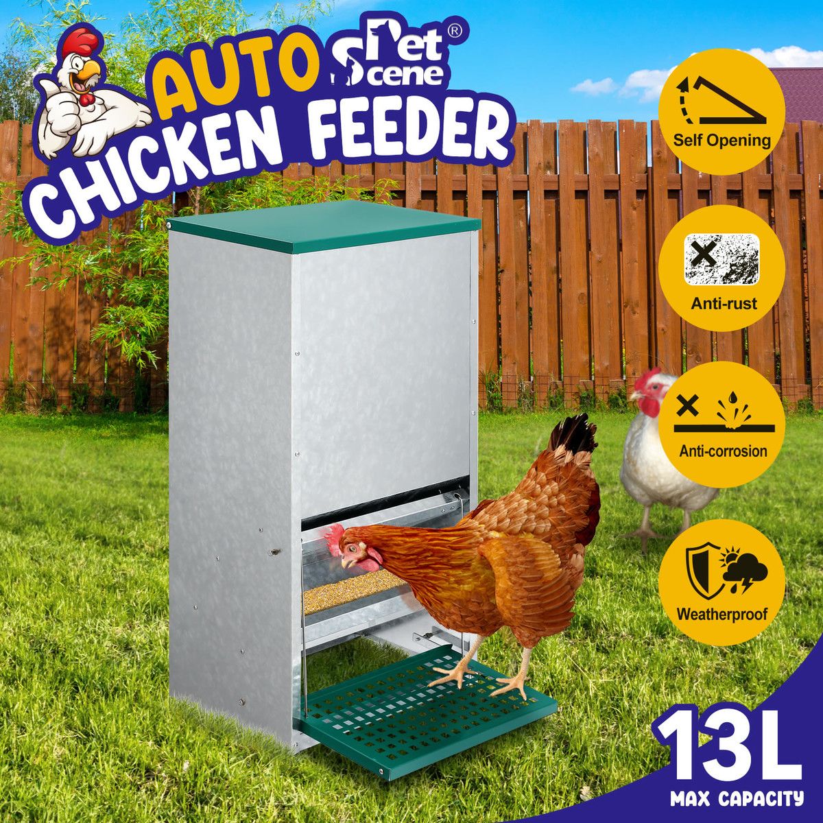 Automatic Chicken Feeder 13L Auto Poultry Rabbit Chook Treadle Food Dispenser Hen Feeding Supplies Bird Rat Water Proof Galvanised Steel