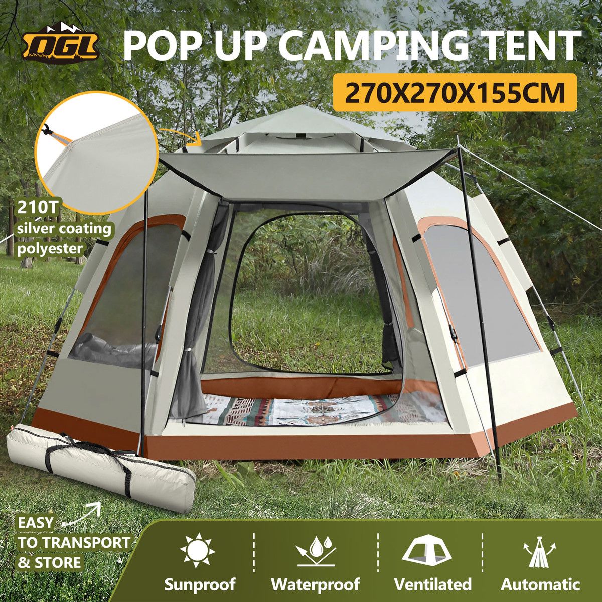 5 Man Camping Tent Instant Auto Pop Up Beach Shelter Sun Shade Picnic Hiking Dome Family Party Outdoor Water UV Proof 270x270x155cm Creamy White