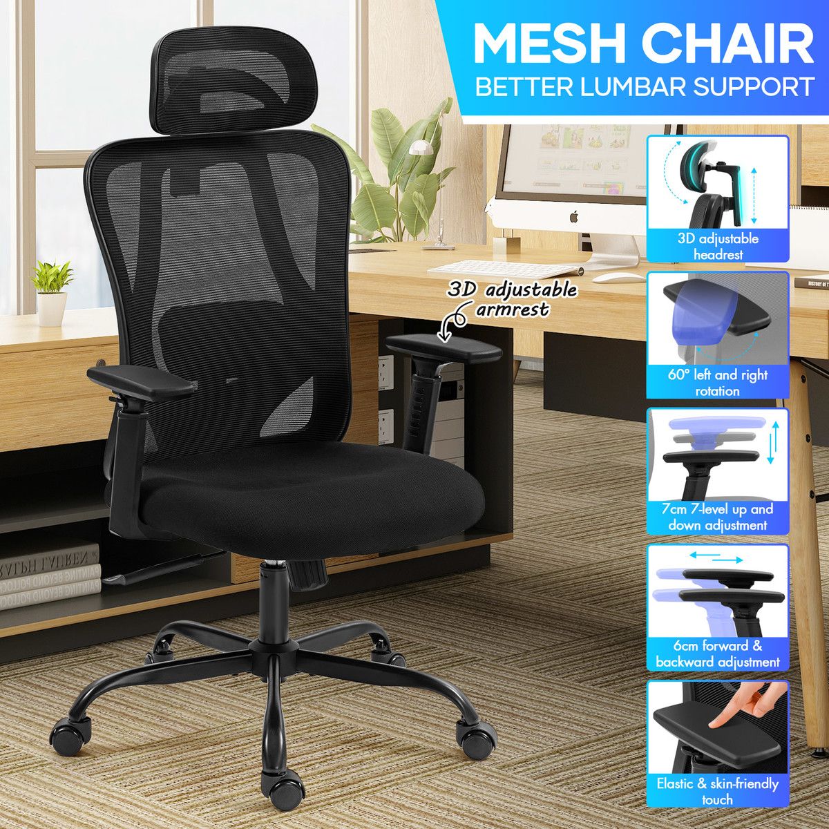 Ergonomic Mesh Office Chair Black Desk Computer Armchair Swivel Adjustable High Back Executive Gamer Work Comfortable Seating
