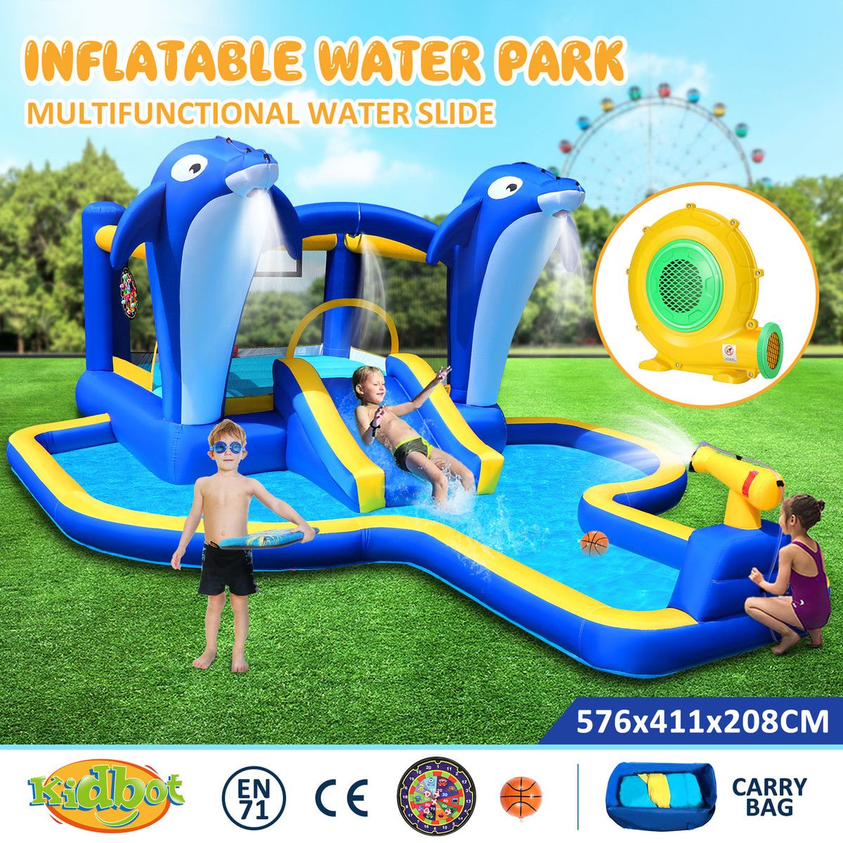 Inflatable Water Park Blow Up Slide Bouncy Castle Bouncer Activity Centre Sliding Jumping Climbing Splash Bounce Playground with Cannon Target Dart