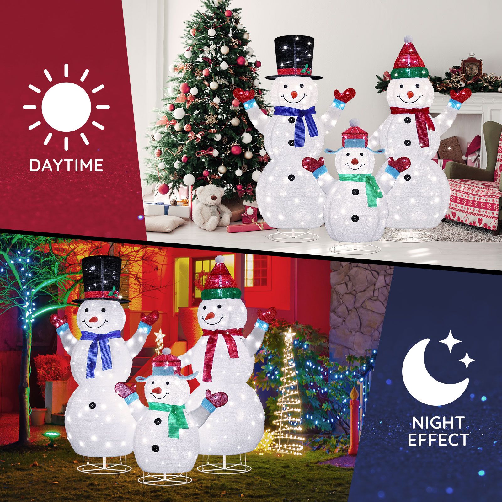 3pcs Christmas Snowman Family Figures 3D Decorations LED Lights Xmas