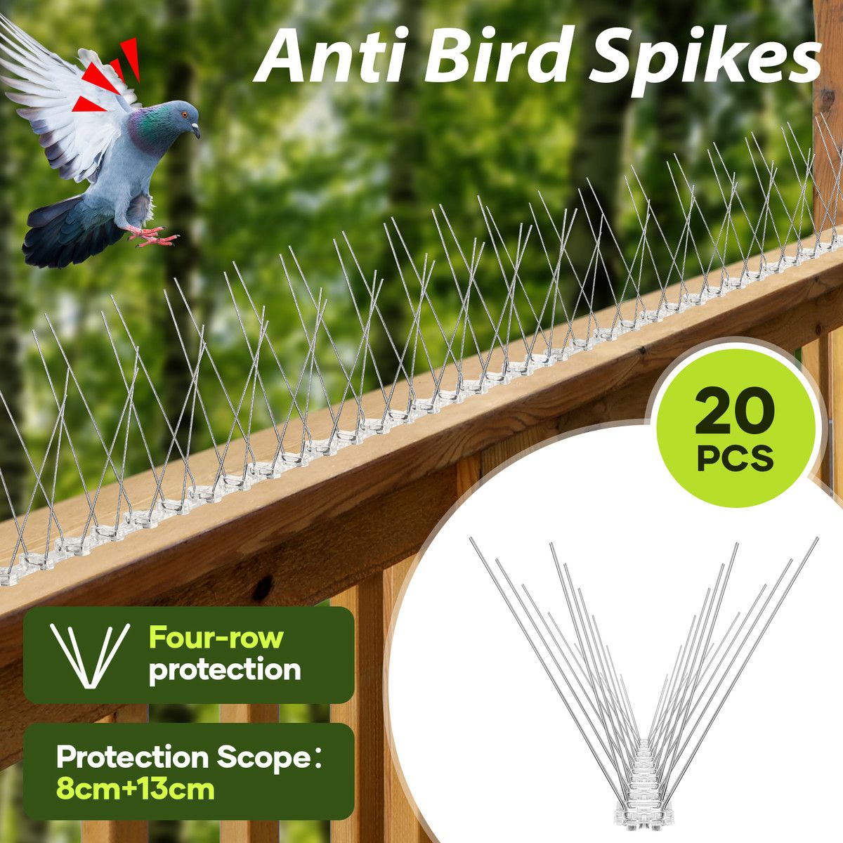 20pcs Anti Bird Spike Kit Pigeon Deterrent Repellent Pest Control Prevention Humane Fence Steel Arrows PC Bases