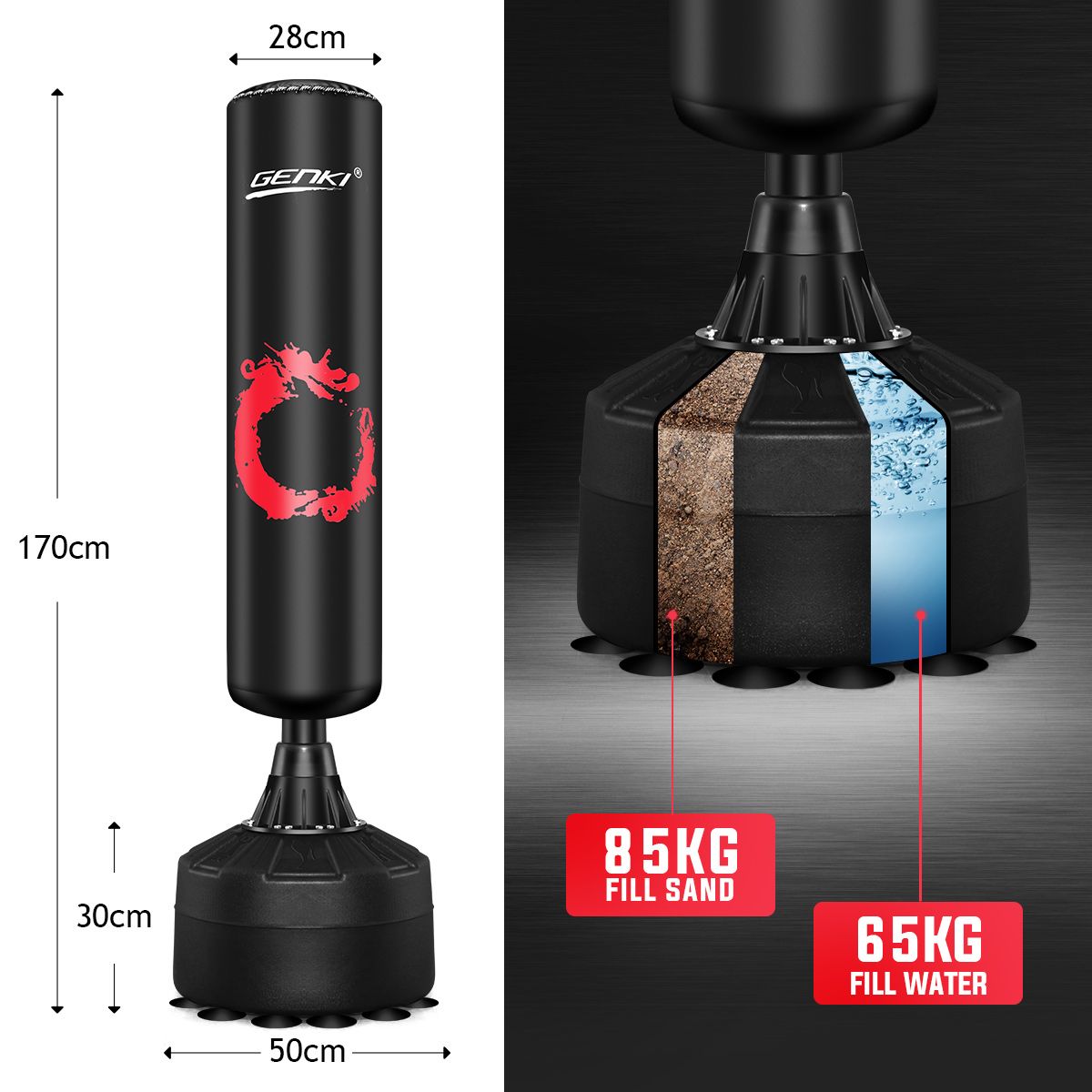 Genki 170cm Free Standing Boxing Punching Bag Stand Punchbag Kicking