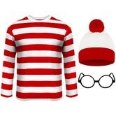 Cosplay Costumes,Red and White Striped Shirt,Christmas Halloween Shirt with Glasses Frame and Hat (Size:Medium)