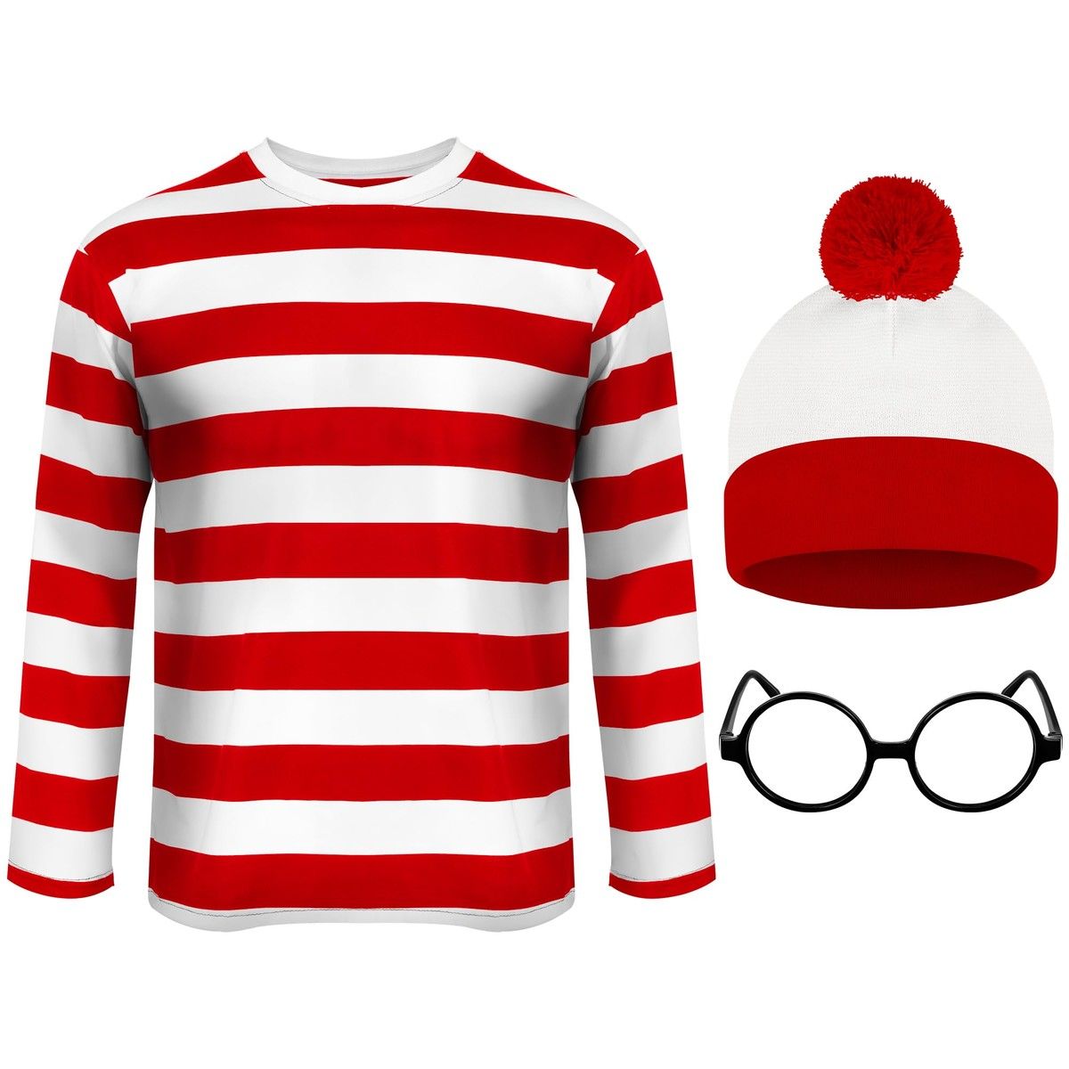 Cosplay Costumes,Red and White Striped Shirt,Christmas Halloween Shirt with Glasses Frame and Hat (Size:Small)