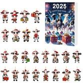 Christmas Cow Advent Calendar 2D Acrylic Cow Ornaments for Christmas Tree Decoration,24 PC Cute Cow Designs,Christmas Home Decor