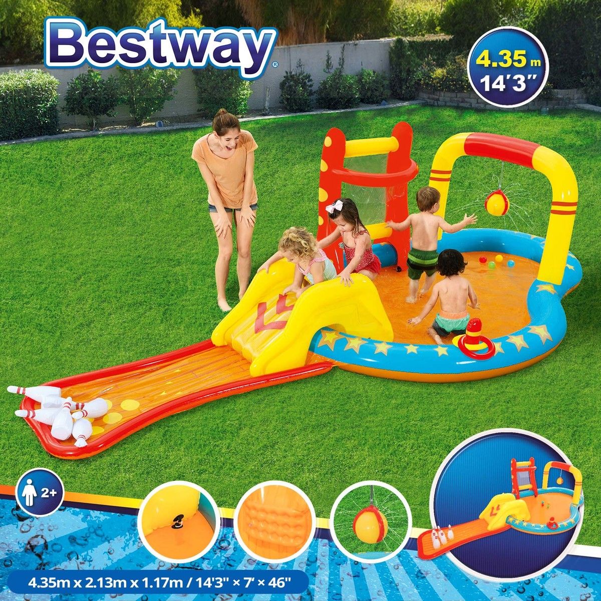 Bestway Lil Champ Water Play Pool Centre Playground Inflatable Splash Park Sprayer Bowling Basketball Ring Outdoor Activity Waterplay 4.35x2.13x1.17m