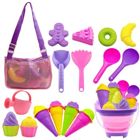 Beach Toys Collapsible Set Sand Bucket Shovels Mesh Bag Molds Ice Cream Travel Sandbox Outdoor Play Kids Ages 3+