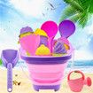 Collapsible Beach Toys Set,Collapsible Sand Bucket and Shovels Set with Mesh Bag and Sand Molds,Ice Cream Travel Sand Toys for Beach,Sandbox Toys Age 3+