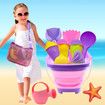 Collapsible Beach Toys Set,Collapsible Sand Bucket and Shovels Set with Mesh Bag and Sand Molds,Ice Cream Travel Sand Toys for Beach,Sandbox Toys Age 3+