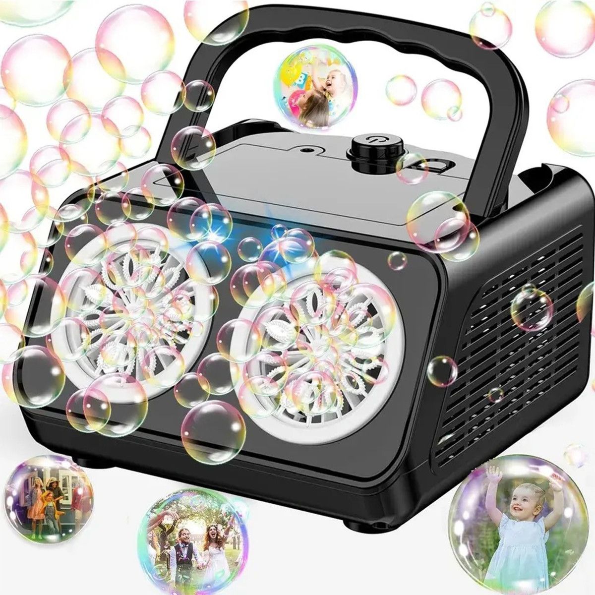 Automatic Bubble Machine Upgrade Bubble Blower with 2 Fans,20000+ Bubbles Per Minute Bubbles,Portable Bubble Maker Operated by Plugin or Batteries (Black)