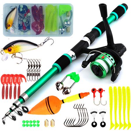 Portable Telescopic Fishing Rod and Reel Combo Kit with Fishing Reel Tackle Box for Boys, Girls, Youth (Green)