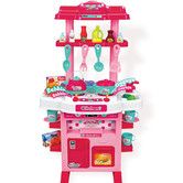 60 Piece Pink Kitchen Playset with Real Sounds and Light Kids Pretend Food Toy Accessories Set for Outdoor Play