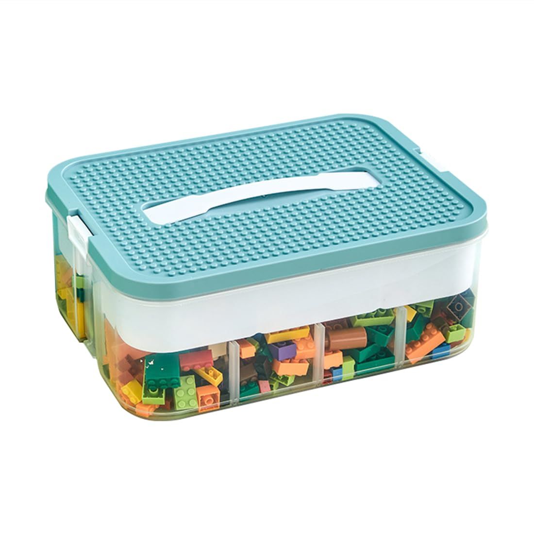 Plastic Storage Organizer for Lego Box Kids Child Toy Stackable Containers with Lids Bins 1 Layers Adjustable Compartments Building Blocks Chest Case (Blue)