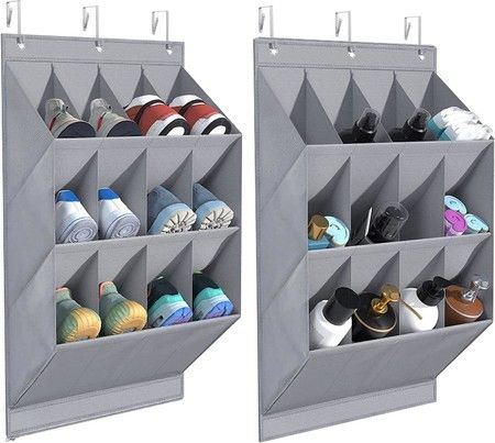 2-Pack Hanging Shoe Organizer, 6 Hooks Shoe Storage Rack with 12 Large Pockets and 2 Larger Compartments (Grey)
