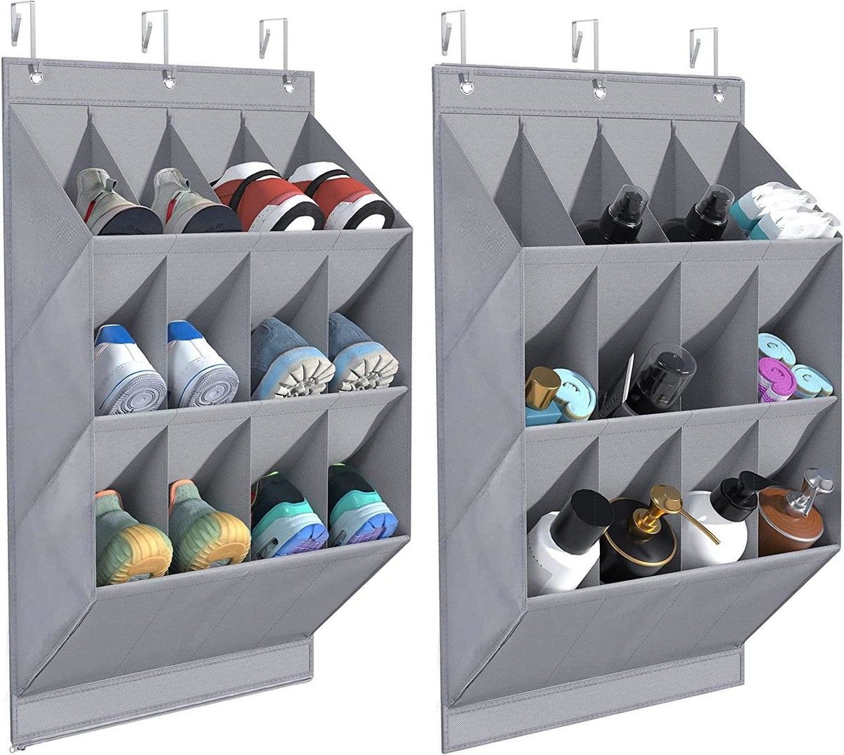 2-Pack Hanging Shoe Organizer, 6 Hooks Shoe Storage Rack with 12 Large Pockets and 2 Larger Compartments (Grey)