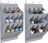 2-Pack Hanging Shoe Organizer, 6 Hooks Shoe Storage Rack with 12 Large Pockets and 2 Larger Compartments (Grey)
