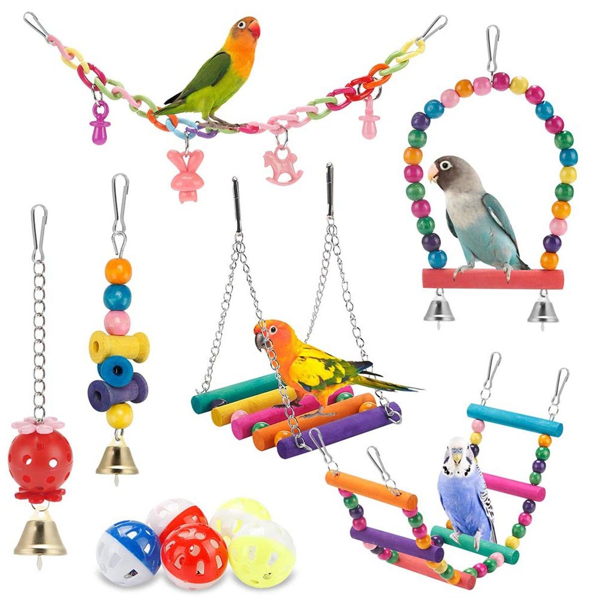 Complete Birdcage Toy Set: Swing, Hammock, Ladder, and Chewing Toys for Small Birds