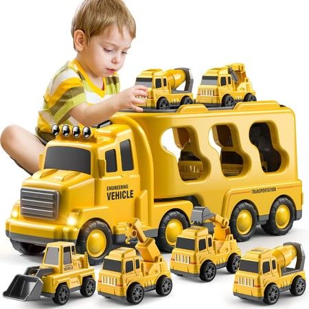 Kids 5-in-1 Construction Truck Toys, Friction Powered Vehicles with Carrier for Imaginative Play, Perfect Age 3+ Christmas or Birthday Gifts