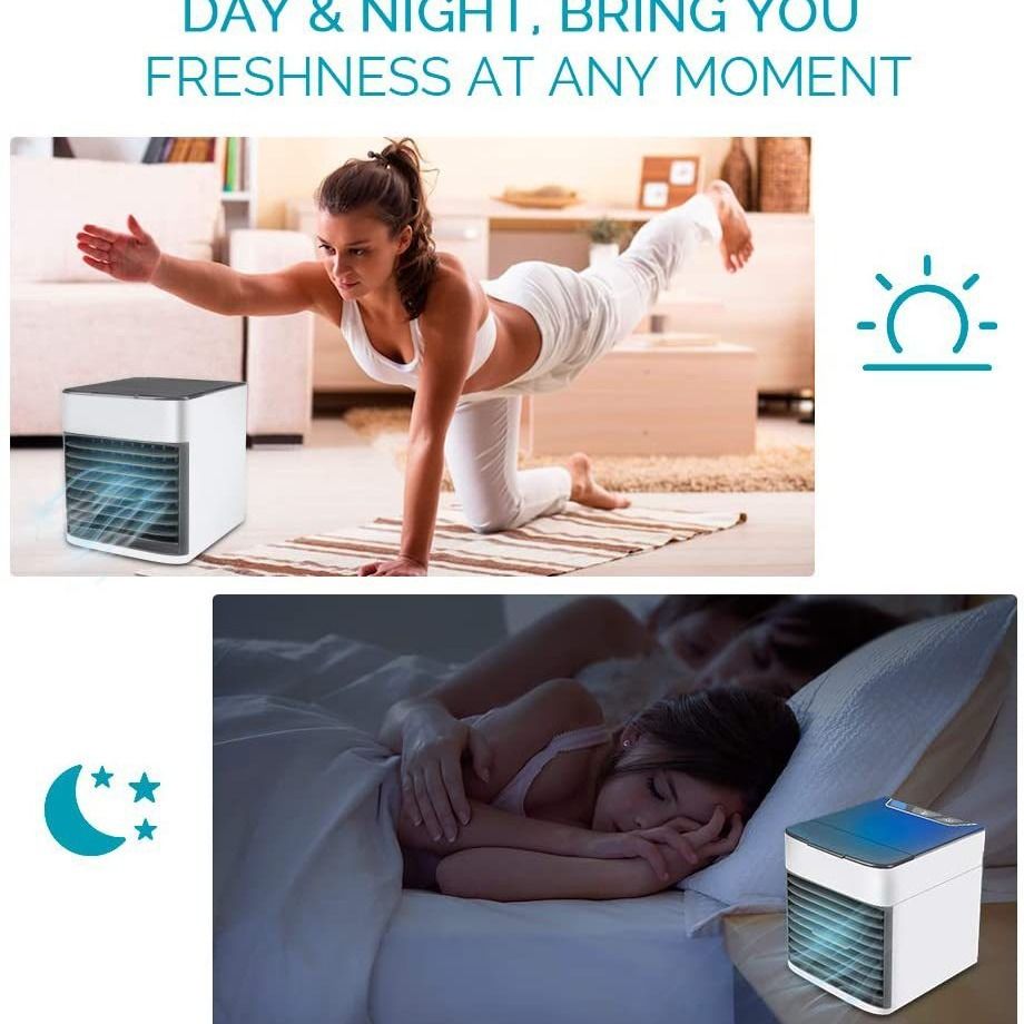 Portable Mini Air Conditioner Fan with bulid in water tank for Cooling Mist, Colorful Lights, USB powered, 3 speed Ideal for home office travel