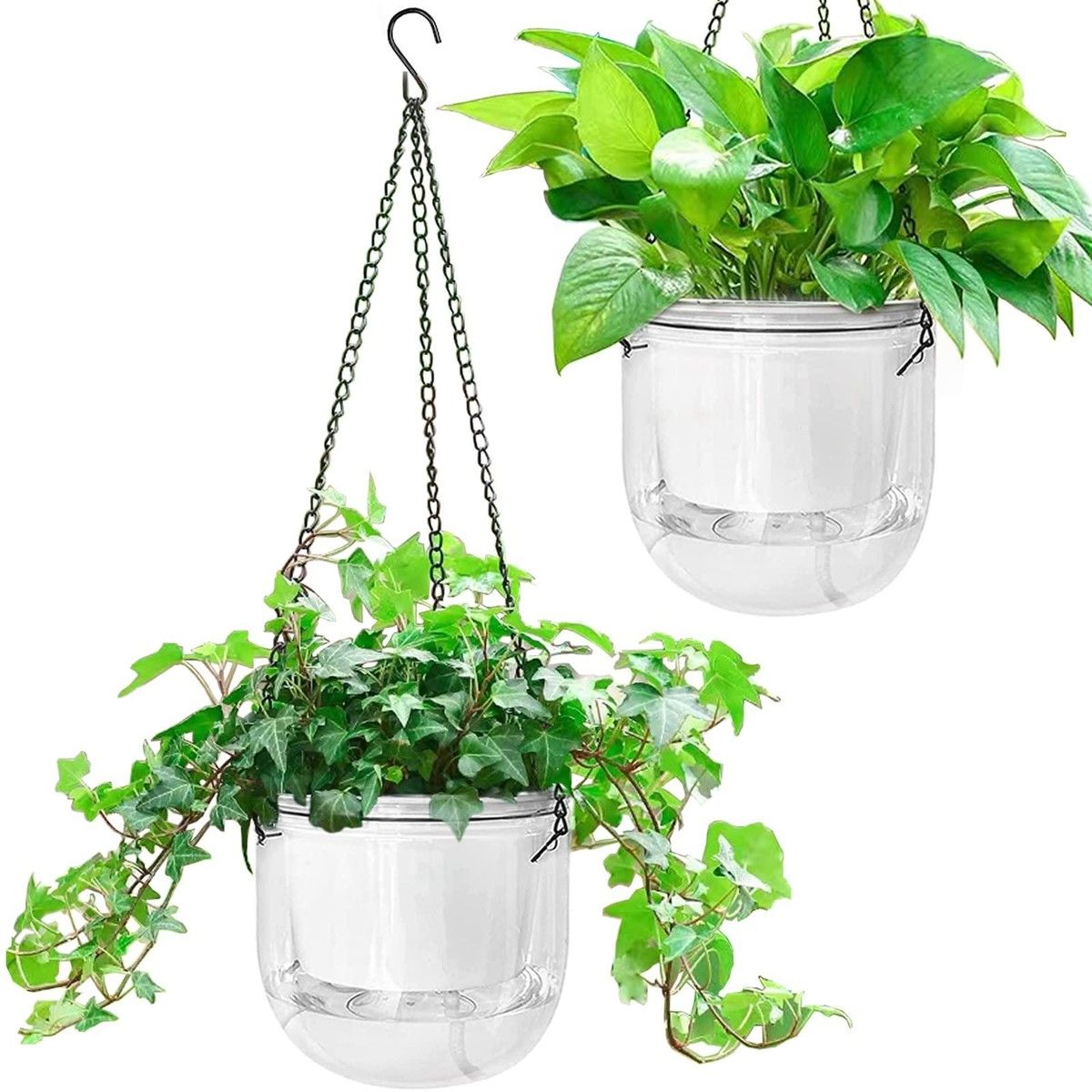 2-Pack Transparent Self-Watering Hanging Planters with 3 Hooks, Drainage Holes for Indoor and Outdoor Use
