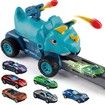 Truck Toys with 6 Die-Cast Metal Cars Foldable Track & Missile Launcher Birthday Gift Idea Toys for Kids Ages 3+(Blue)