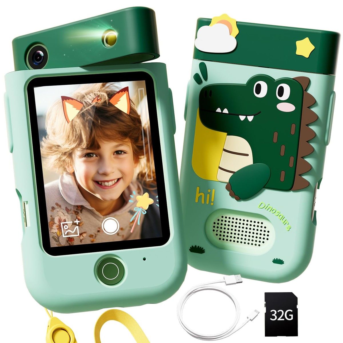 Kids Smart Phone Touchscreen 2.8 Inch Toddler Learning Toy with Rotating Camera Music Player 32G SD Card-Green