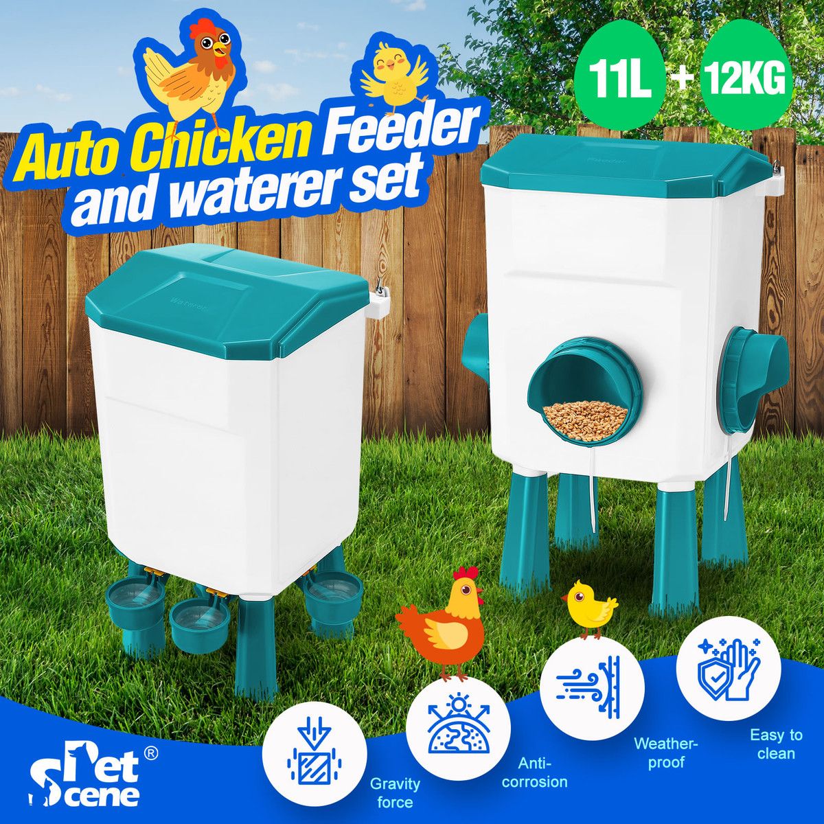 Chicken Bird Feeder Waterer Set 12kg 11L Automatic Food Water Dispenser Auto Chook Poultry Gravity Fed Feeding Drinking Coop Fence Rat Proof