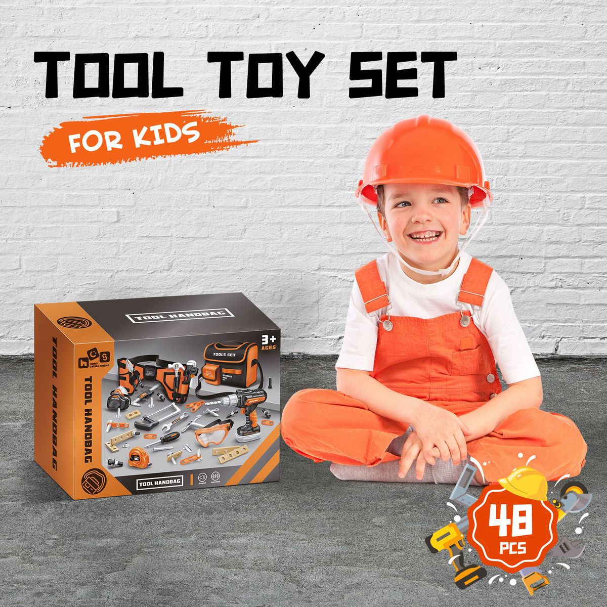 Kids 48pcs Tool Set Childrens Plastic Construction Toys Building Repair Toolkit Pretend Role Learning Educational Playset with Storage Bag