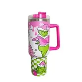 40 oz Christmas Grinchi Tumbler with Handle and Straw, Stainless Steel Tumbler with Lid Straw, Car Mug Sports Travel Christmas Gift