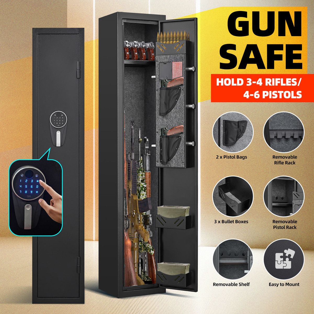 Steel Gun Safe Box Case 4 Rifles Cabinet 6 Pistols Holder Firearm Locker with LED Home Storage Security Lockbox Heavy Duty Organizer Digital Keypad
