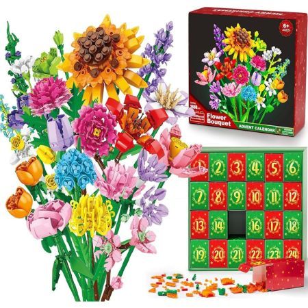 Advent Calendar 24 Days Christmas Countdown Calendar with Flower Bouquet, Artificial Wildflower Bricks, Gift Set