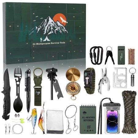 Advent Calendar Survival Kits,24 Days Christmas Countdown Calendar Emergency Survival Gears Gift,2025 Xmas Cool Gadgets